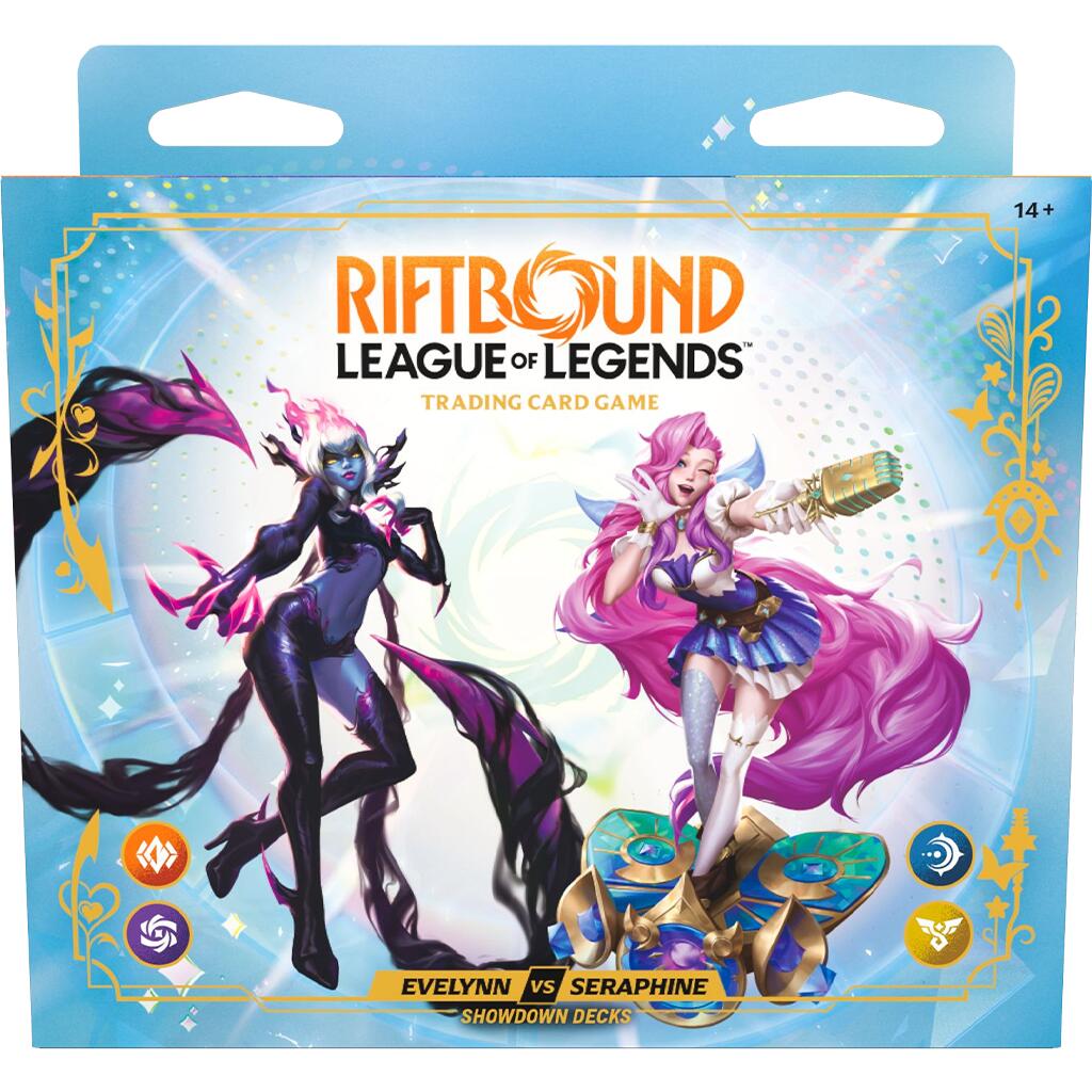Riftbound Radiance Showdown Decks box with Evelynn and Seraphine artwork, English edition