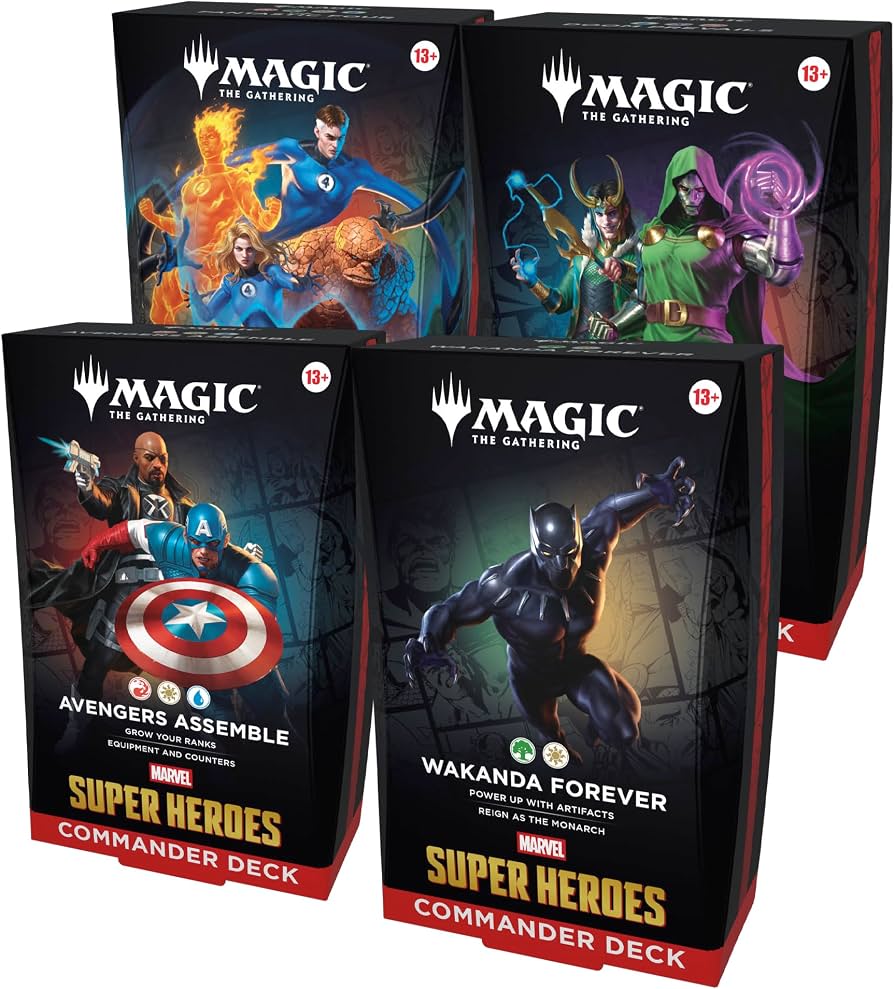 Magic: The Gathering: Marvel Super Heroes Commander Deck: sealed Commander deck, front of deck boxes (4 variants)