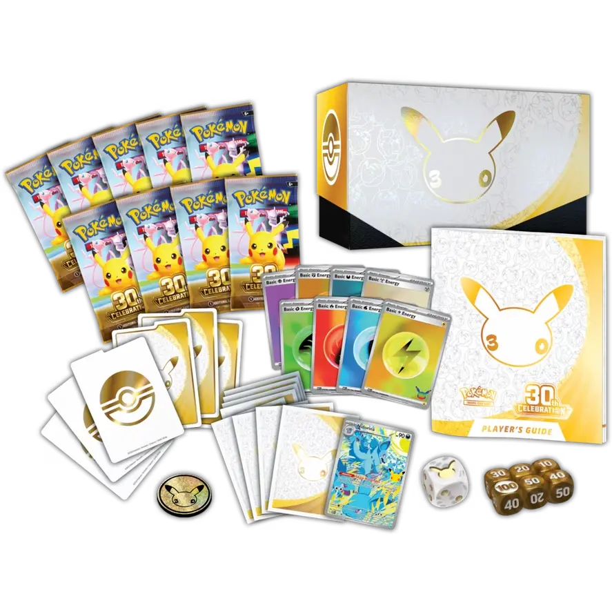 Pokémon TCG 30th Celebration Elite Trainer Box contents laid out