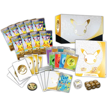 Pokémon TCG 30th Celebration Elite Trainer Box contents laid out