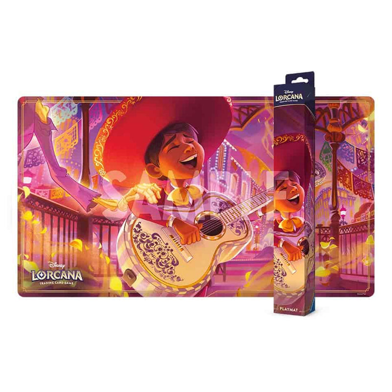 Disney Lorcana Hyperia City playmat with Miguel Rivera from Coco playing guitar, with its storage tube